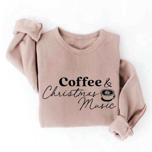 Coffee & Christmas Music Women's Graphic Sweatshirt, Tan/Black