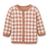 Brown and white checkered cardigan with a round neckline and wooden buttons, suitable for children.