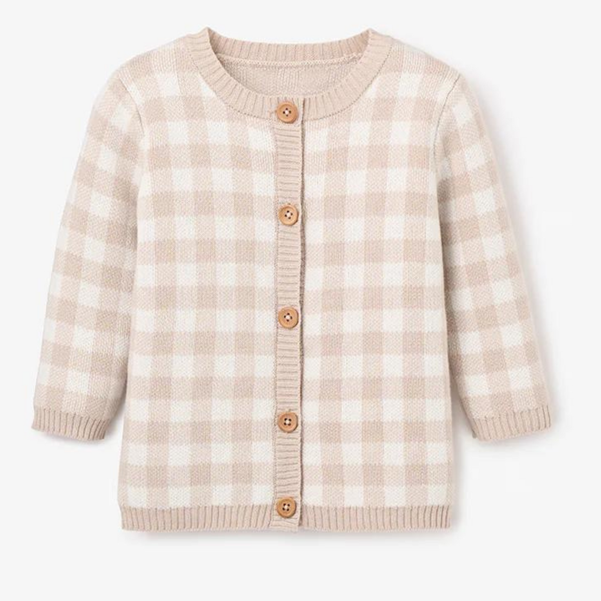 Beige and white gingham cardigan with wooden buttons and a round neckline, featuring long sleeves.