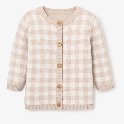 Beige and white gingham cardigan with wooden buttons and a round neckline, featuring long sleeves.