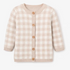 Beige and white gingham cardigan with wooden buttons and a round neckline, featuring long sleeves.