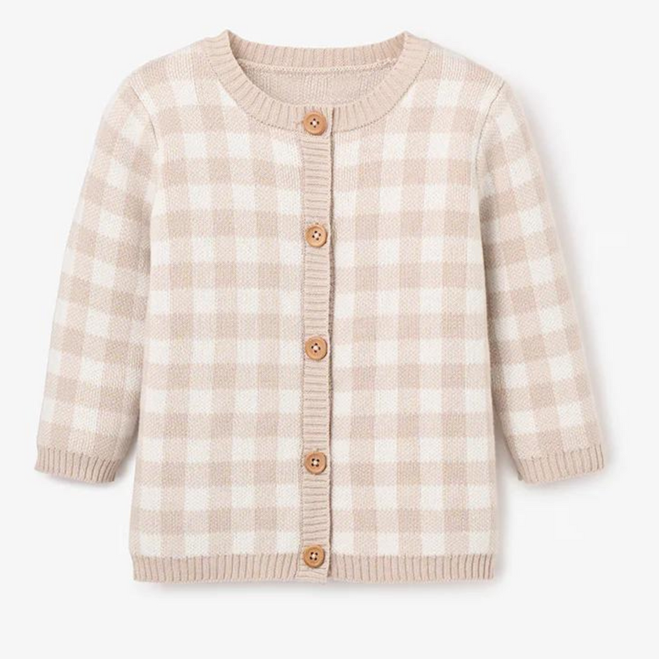 Beige and white gingham cardigan with wooden buttons and a round neckline, featuring long sleeves.