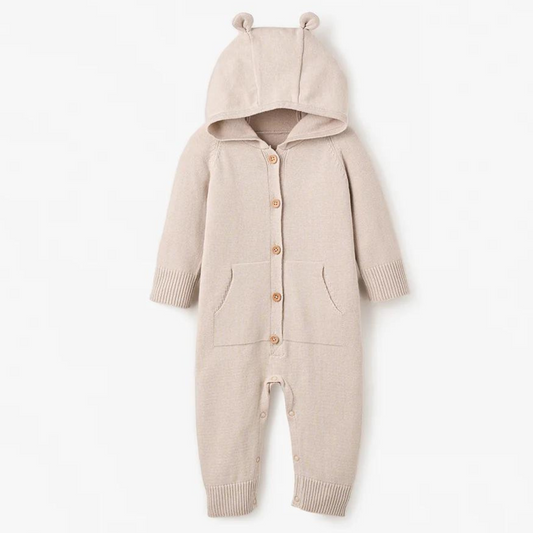Bear Hooded Knit Jumpsuit, Taupe