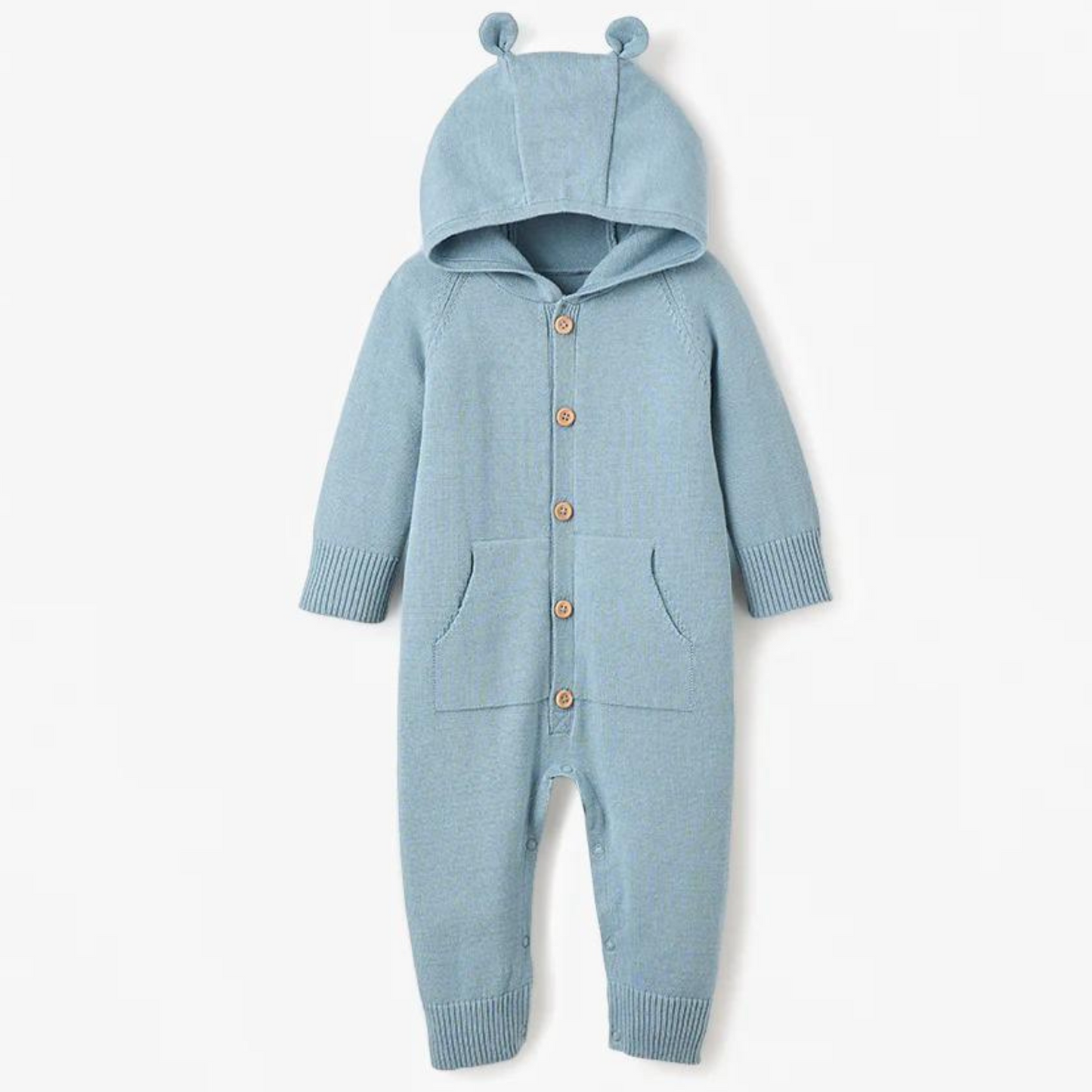 Bear Hooded Knit Jumpsuit, Blue