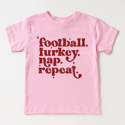 Kid's Thanksgiving Graphic Short Sleeve Tee, Football Turkey Nap / Pink