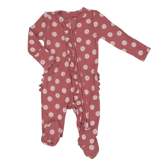 Ribbed 2-Way Zip Ruffle Footie, Daisy Dot Dusty Rose