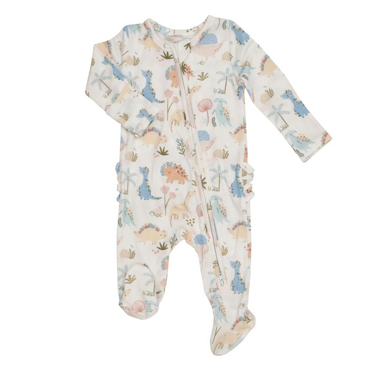 2-Way Zip Ruffle Footie, Soft Dinos Pink