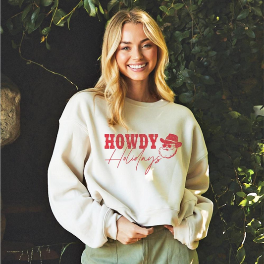 Howdy Holidays Women's Mid-Length Graphic Fleece Sweatshirt, Heather Dust