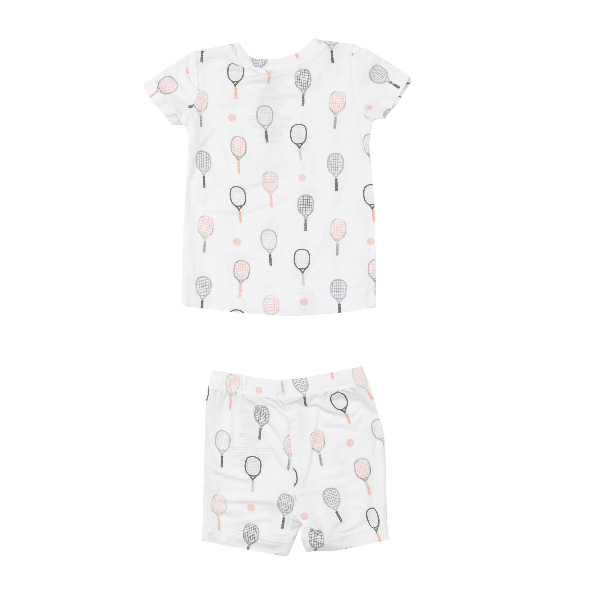 White kids' pajama set featuring tennis racket and ball prints. Includes a short-sleeve top and shorts.