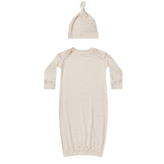 Knotted Baby Gown + Hat Set, Oat Check