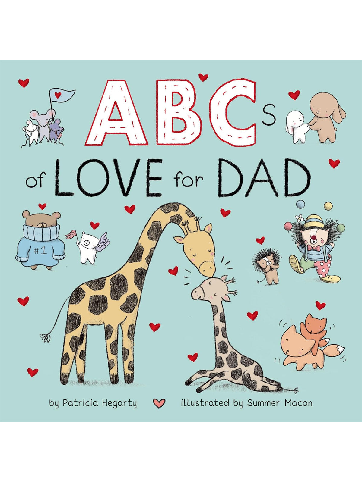 Colorful cover of "ABCs of Love for Dad," featuring animals and hearts, with playful illustrations by Summer Macon.