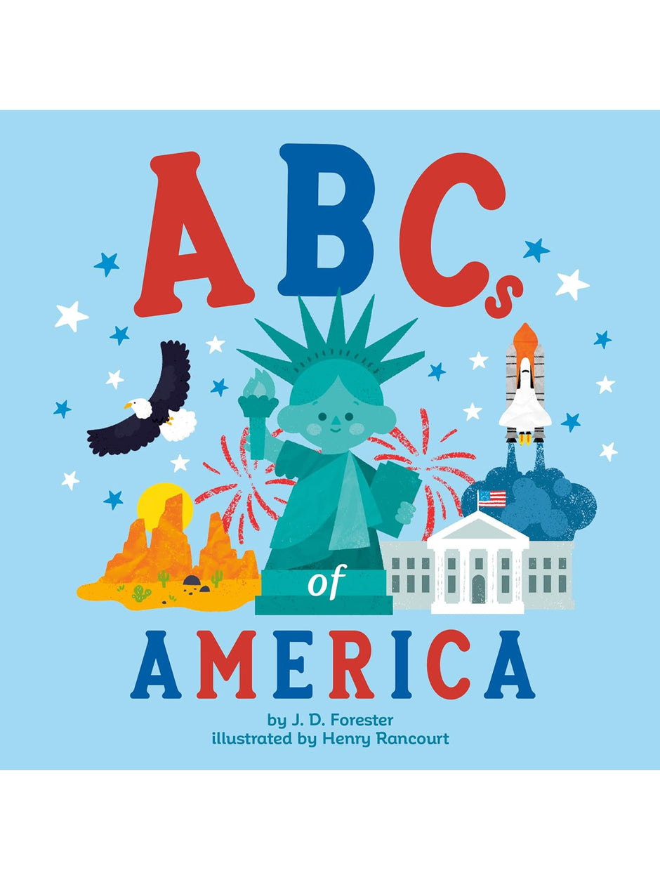 Colorful book cover featuring "ABCs of America" with landmarks and symbols like the Statue of Liberty and fireworks.