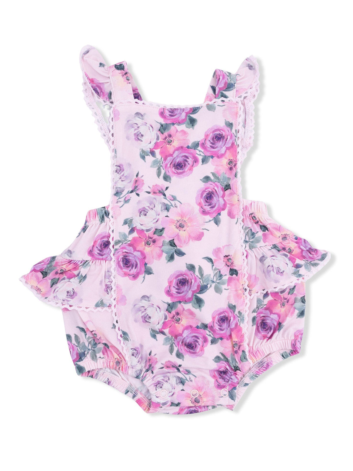 Floral baby romper with ruffled straps and lace trim in pink and purple hues. Perfect for warm weather.