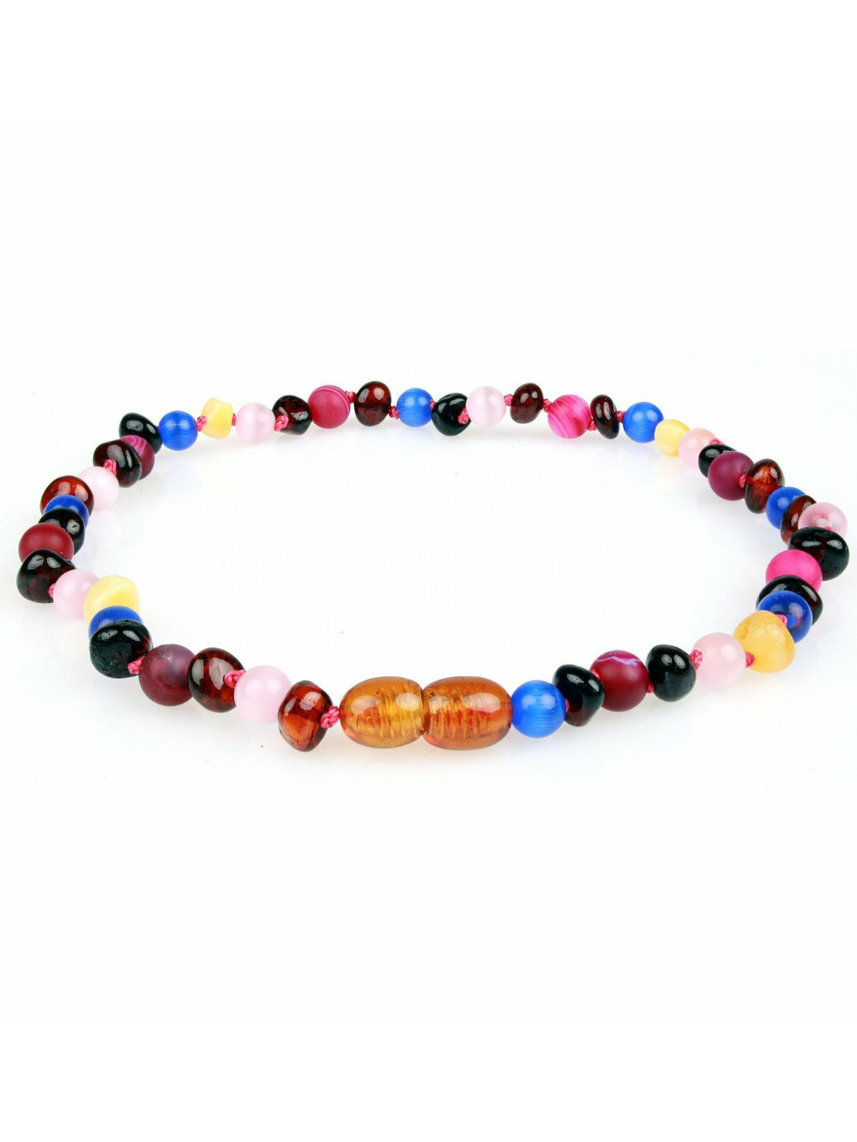 Colorful beaded necklace with various shapes and sizes of beads, set against a white background.