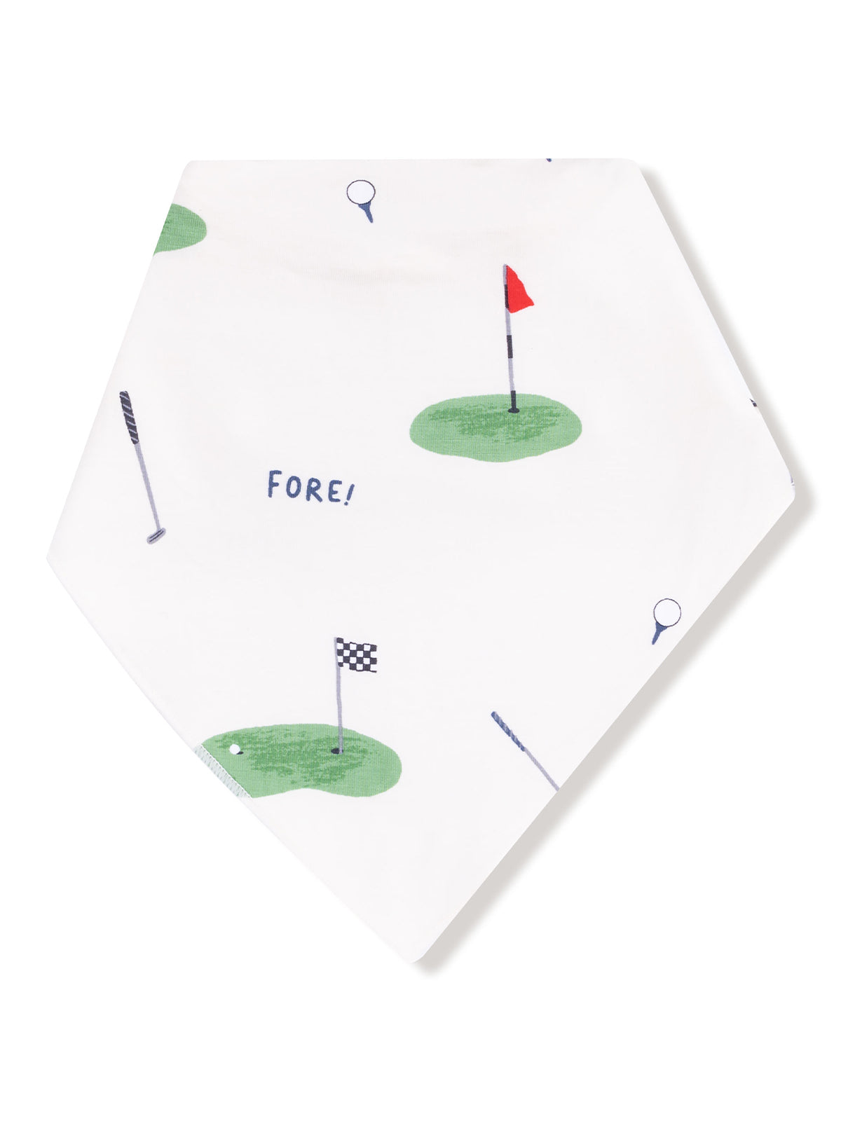 Golf-themed bandana featuring green fields, flags, and the text "FORE!" in a playful design.