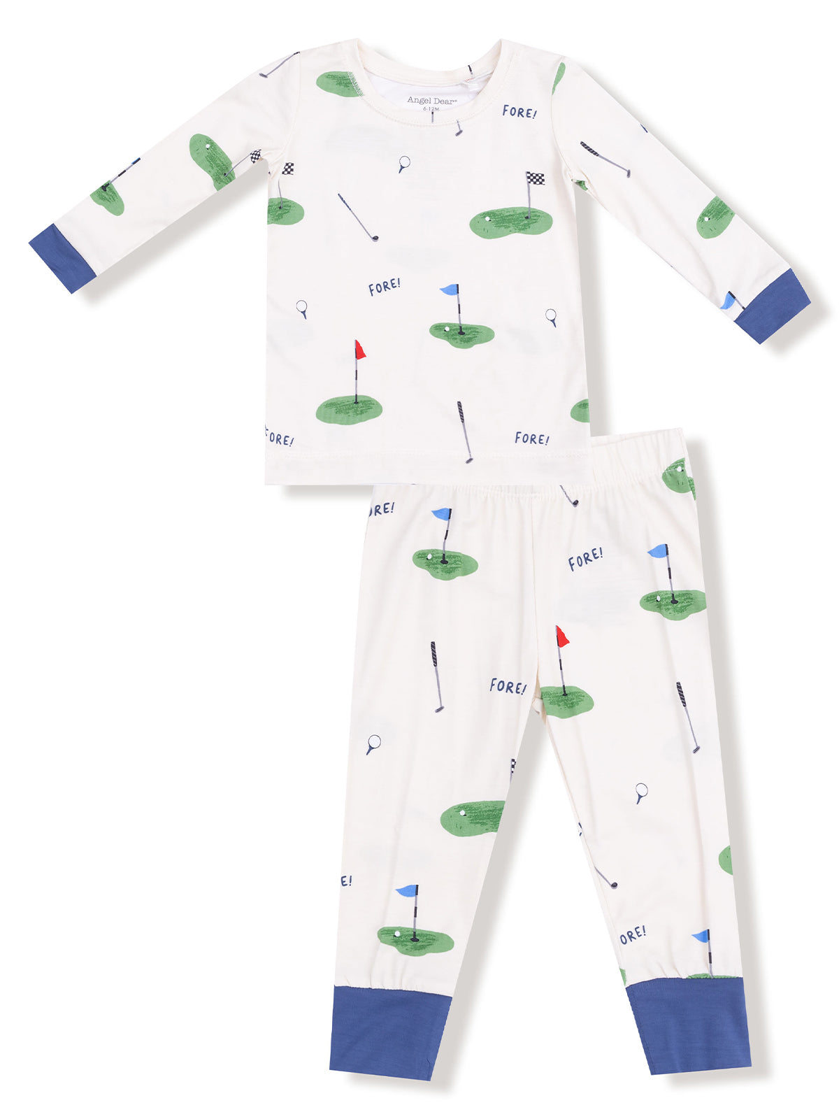 Kids' golf-themed pajamas featuring green grass patches, flags, and golf clubs in a playful design.
