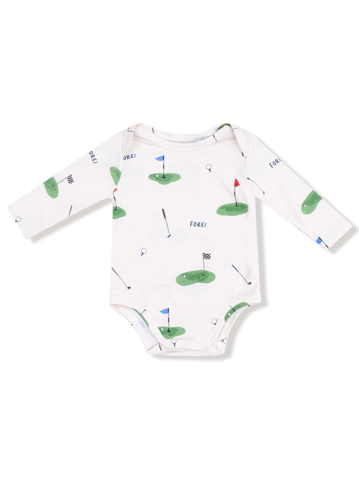 White long-sleeve onesie with golf-themed prints of flags, holes, and golf clubs. Ideal for little golf fans.