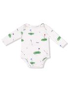 White long-sleeve onesie with golf-themed prints of flags, holes, and golf clubs. Ideal for little golf fans.