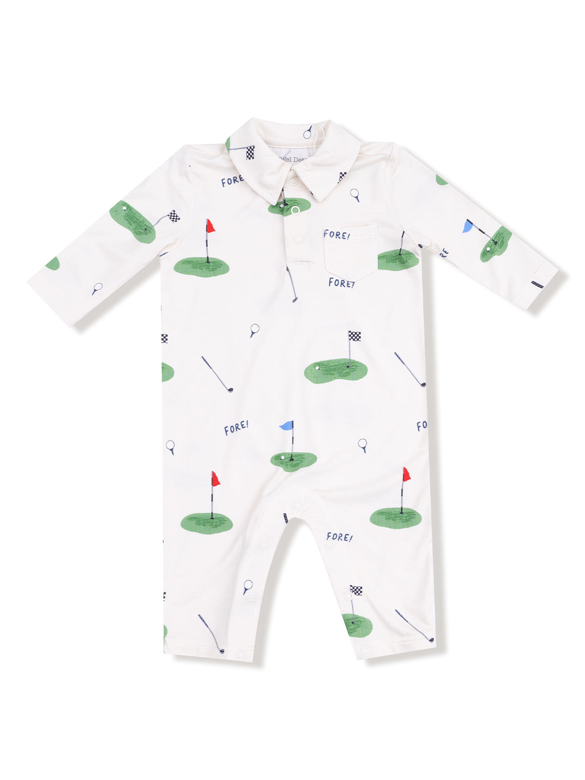 White long-sleeve onesie with golf-themed graphics of putting greens, flags, and the word "FORE!" printed throughout.
