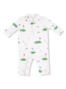 White long-sleeve onesie with golf-themed graphics of putting greens, flags, and the word "FORE!" printed throughout.