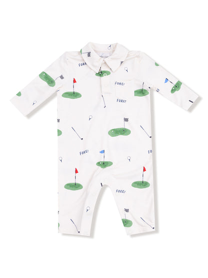 White long-sleeve onesie with golf-themed graphics of putting greens, flags, and the word "FORE!" printed throughout.