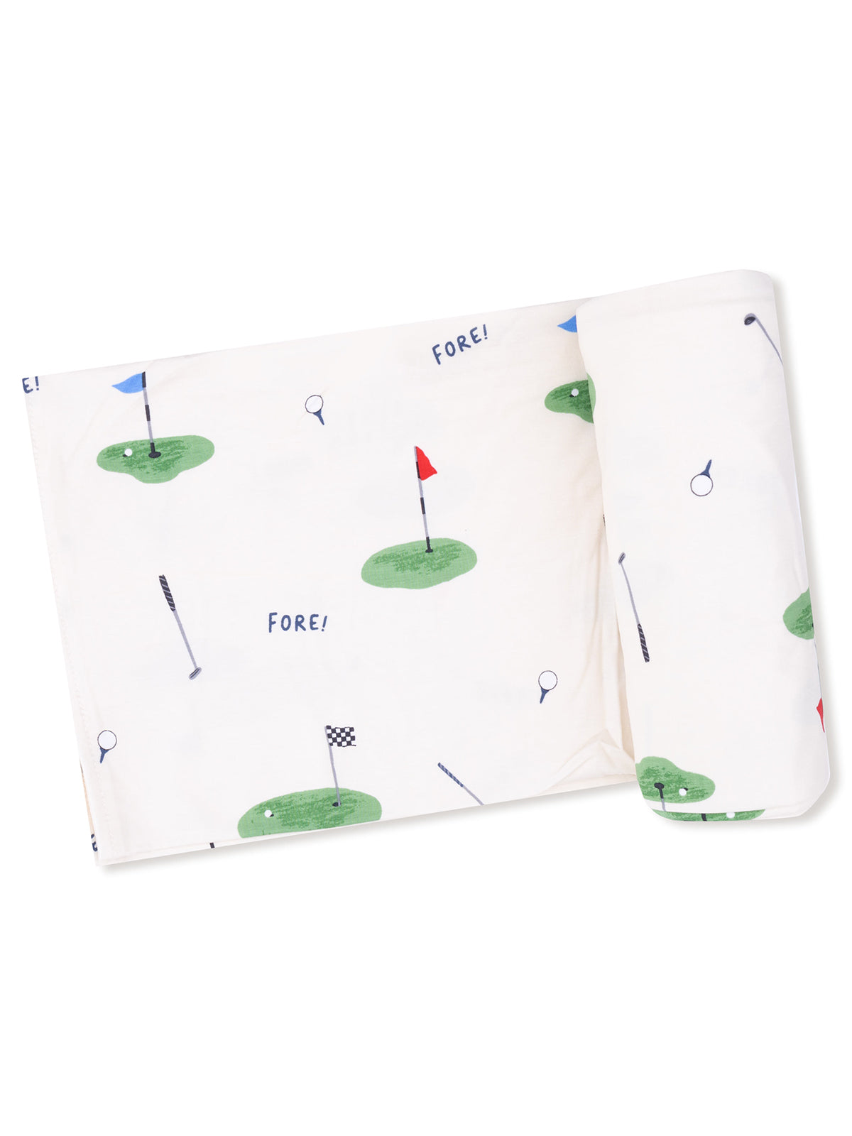 Golf-themed fabric featuring flags, holes, and golf equipment, with playful "FORE!" text.