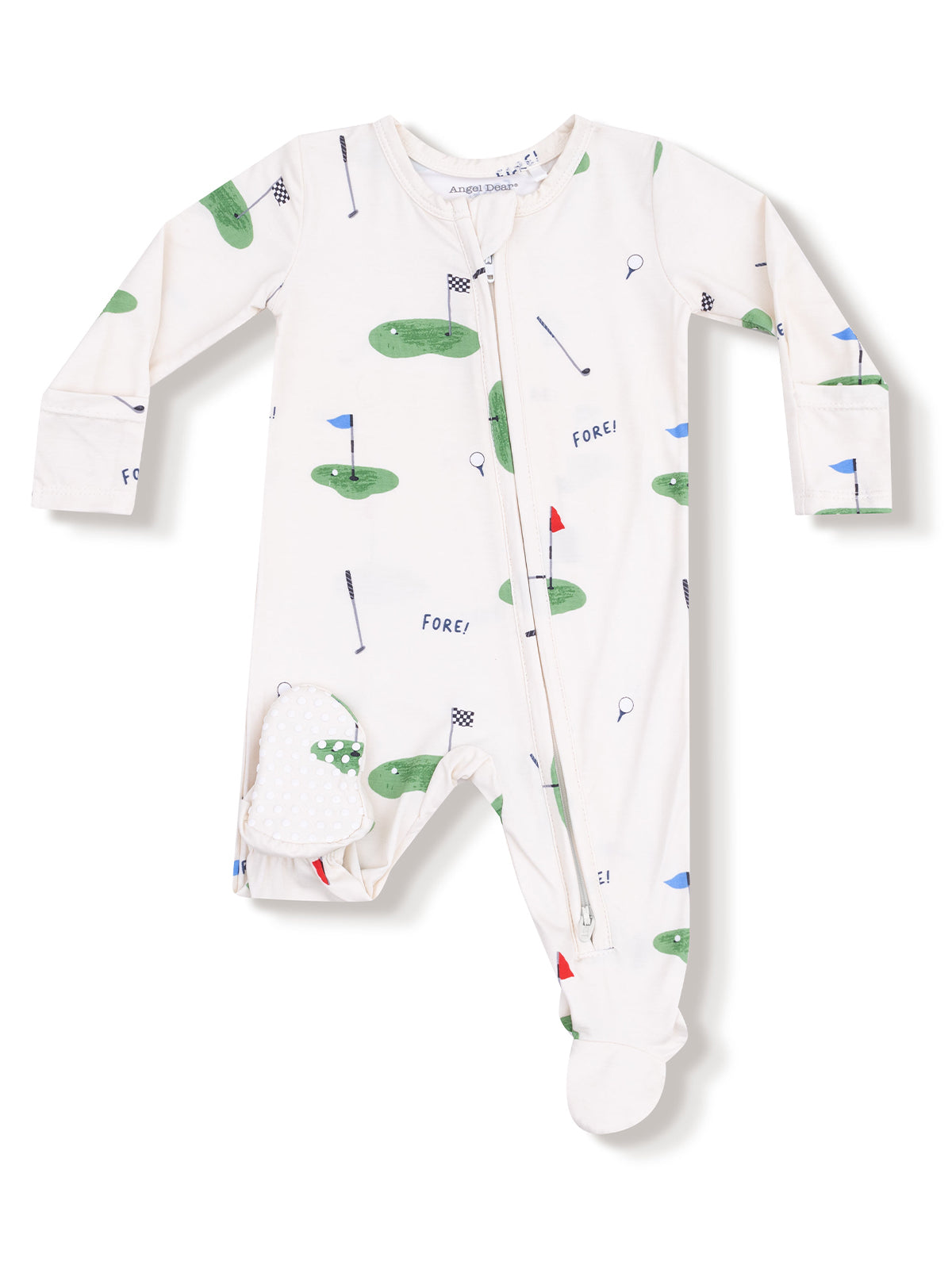 Baby onesie with golf-themed print, featuring flags and golf accessories, zip closure, and footed design.