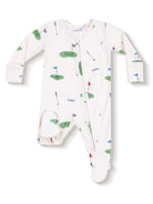 Baby onesie with golf-themed print, featuring flags and golf accessories, zip closure, and footed design.
