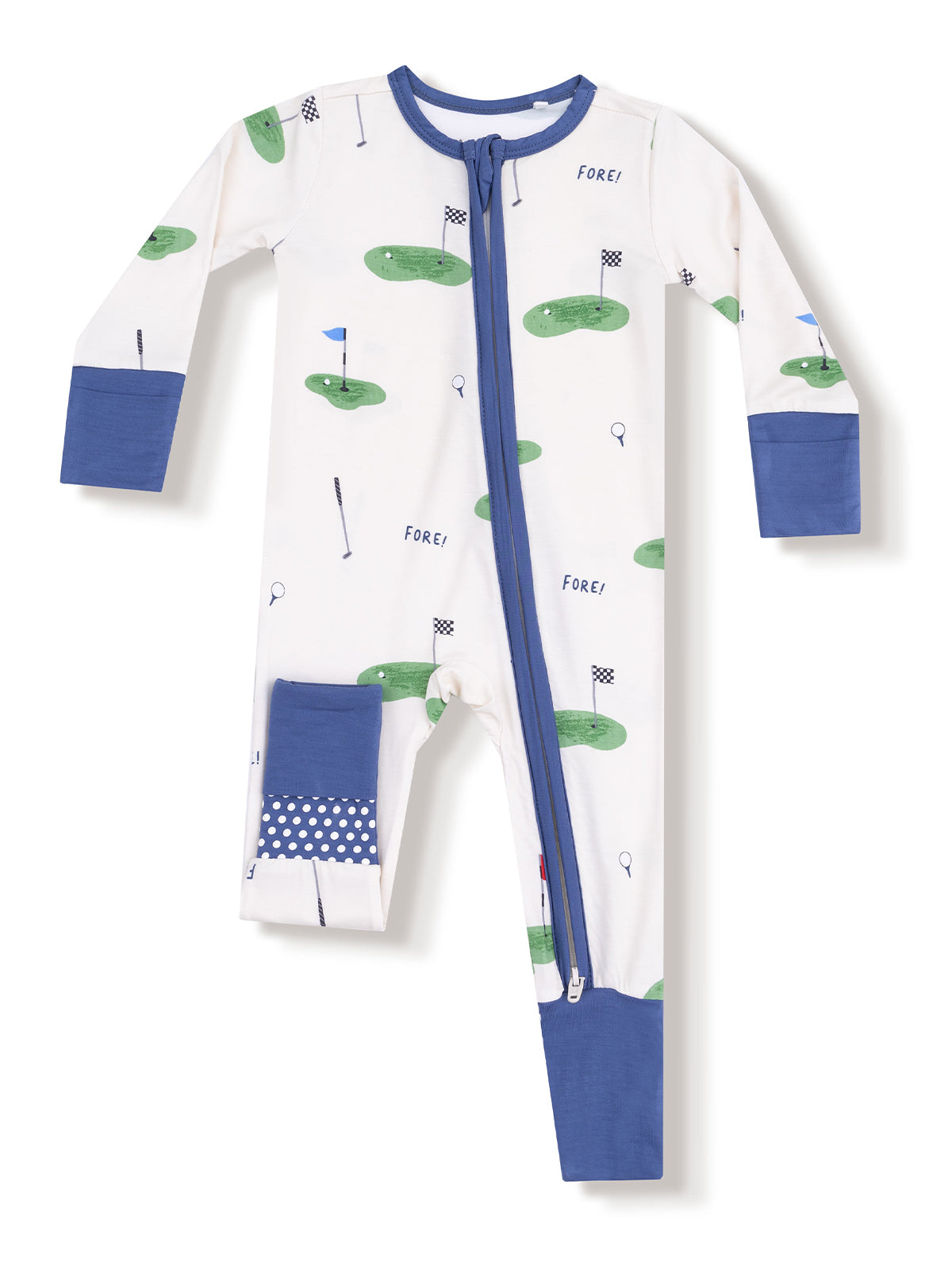 Golf-themed kids' pajamas featuring green golf courses, flags, and a zip front design.