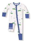 Golf-themed kids' pajamas featuring green golf courses, flags, and a zip front design.