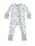 Green and white baby sleeper adorned with crocodile and lily pad patterns. Ideal for comfortable play and sleep.