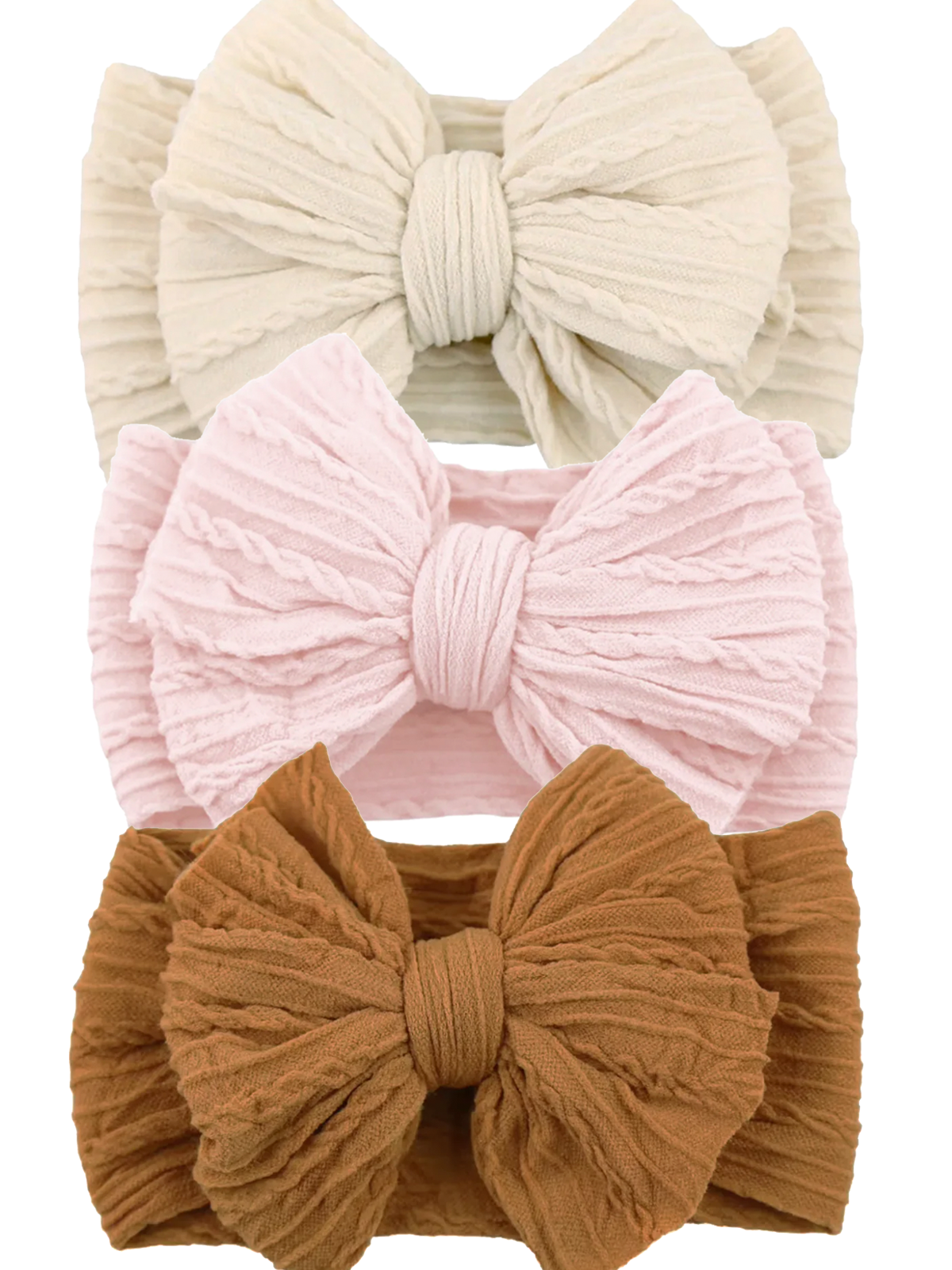 Three textured bow headbands in cream, pink, and brown colors stacked on top of each other.