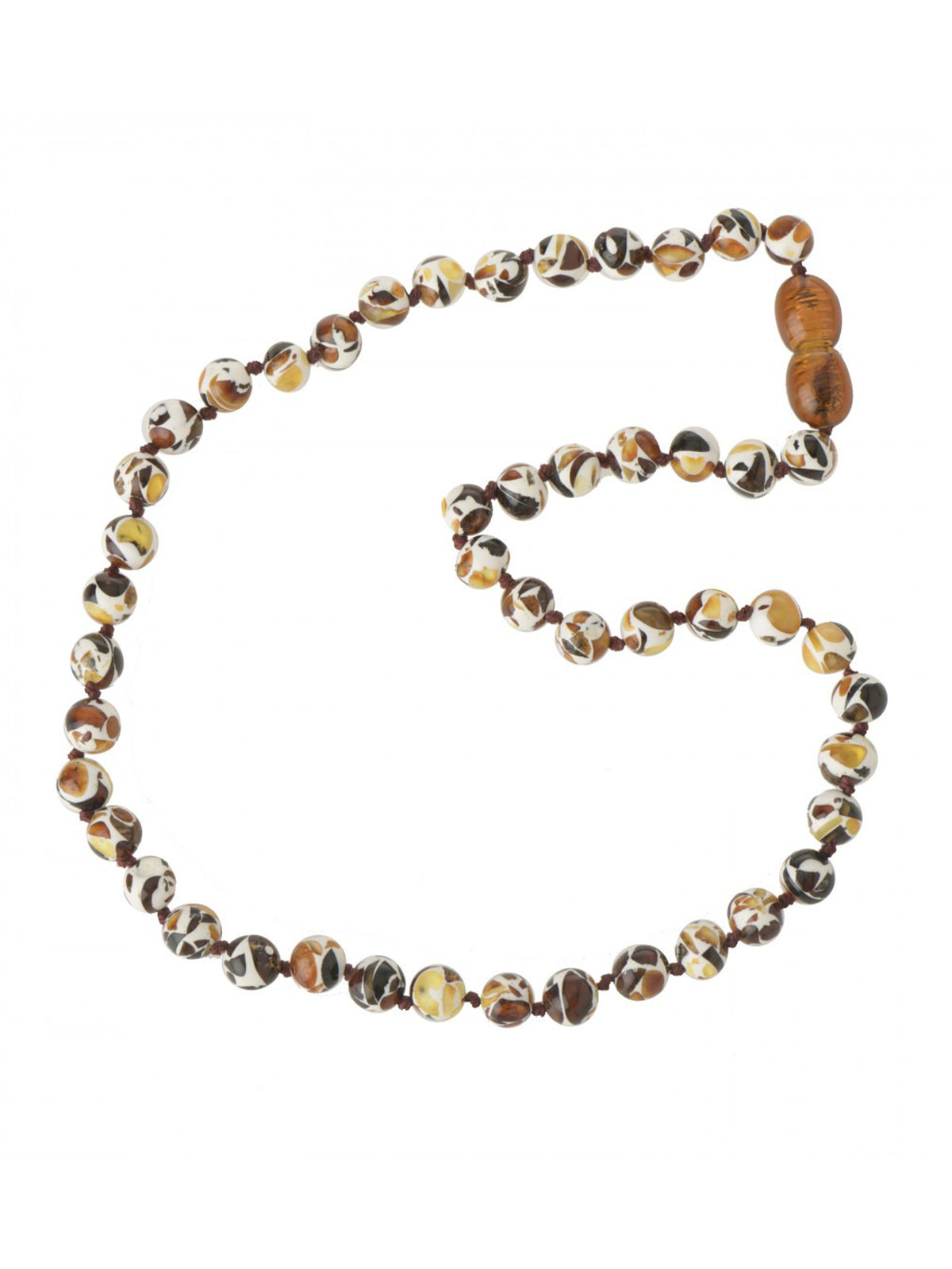 Colorful beaded necklace with a mix of brown, yellow, and white patterns, showcasing a unique design.