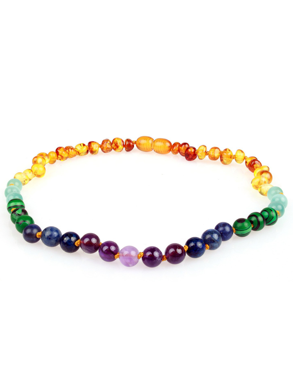 Colorful beaded necklace featuring various shades of amber, green, purple, and blue beads arranged in a circular pattern.