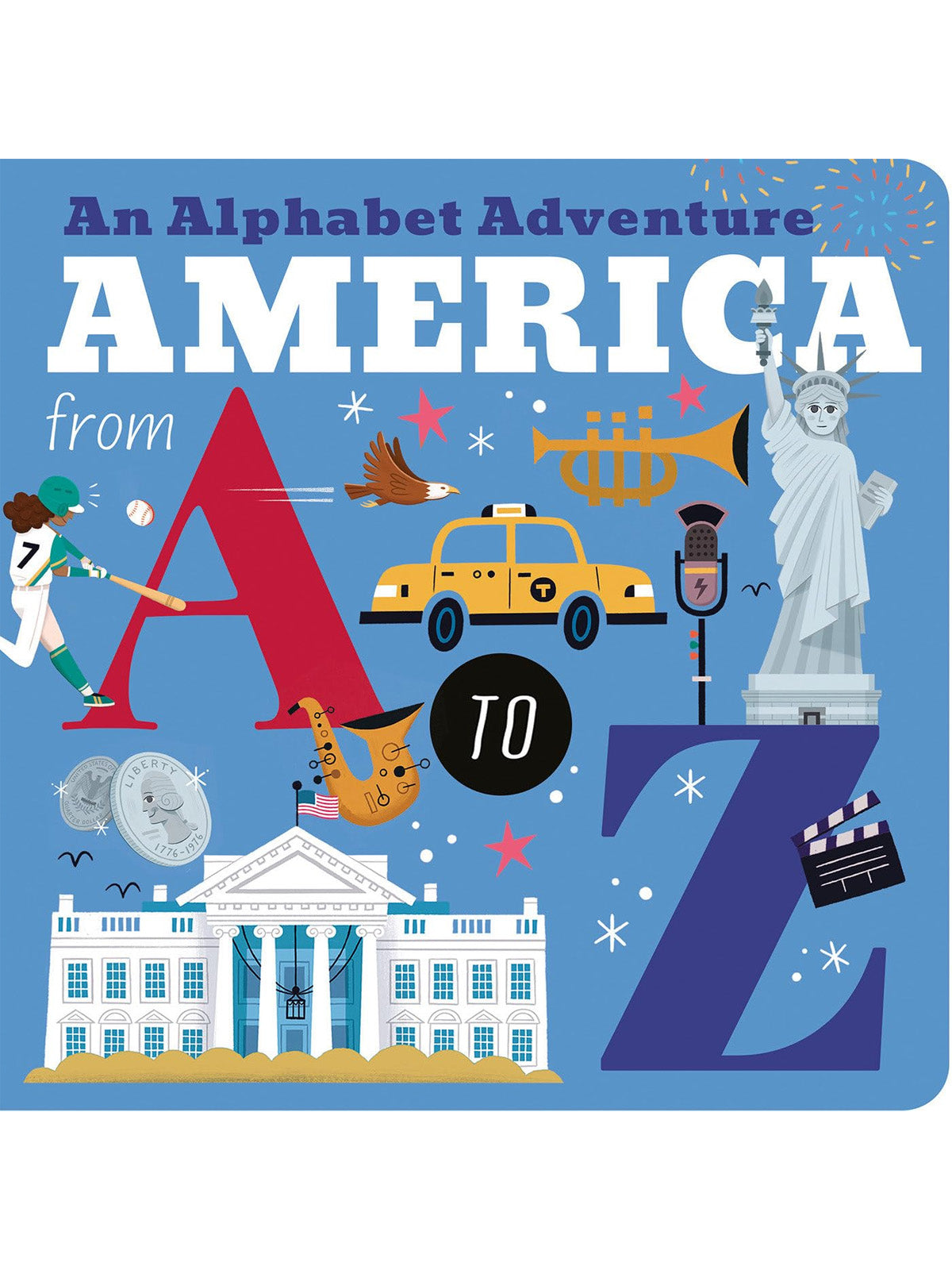 Cover of "An Alphabet Adventure from A to Z," featuring American symbols and icons like the Statue of Liberty and baseball.