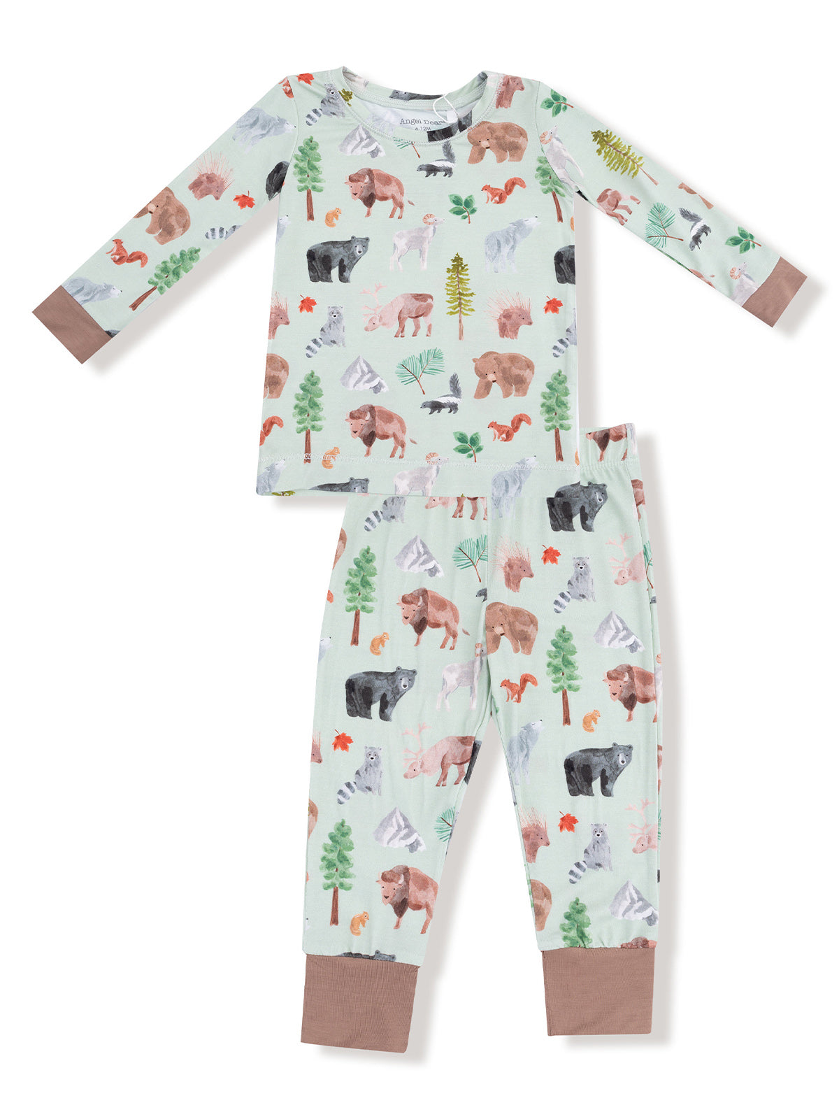 Kids' pajama set featuring whimsical animal and nature prints on a light green background.