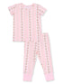 Pink striped pajama set featuring a floral pattern on a short-sleeve shirt and long pants.