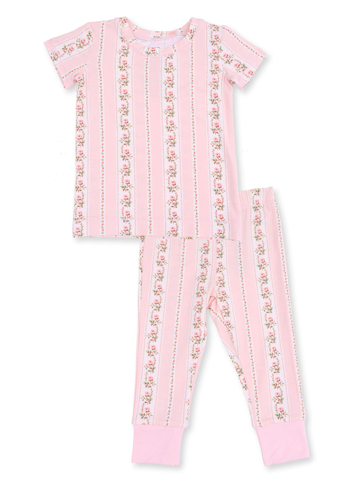 Pink striped pajama set featuring a floral pattern on a short-sleeve shirt and long pants.
