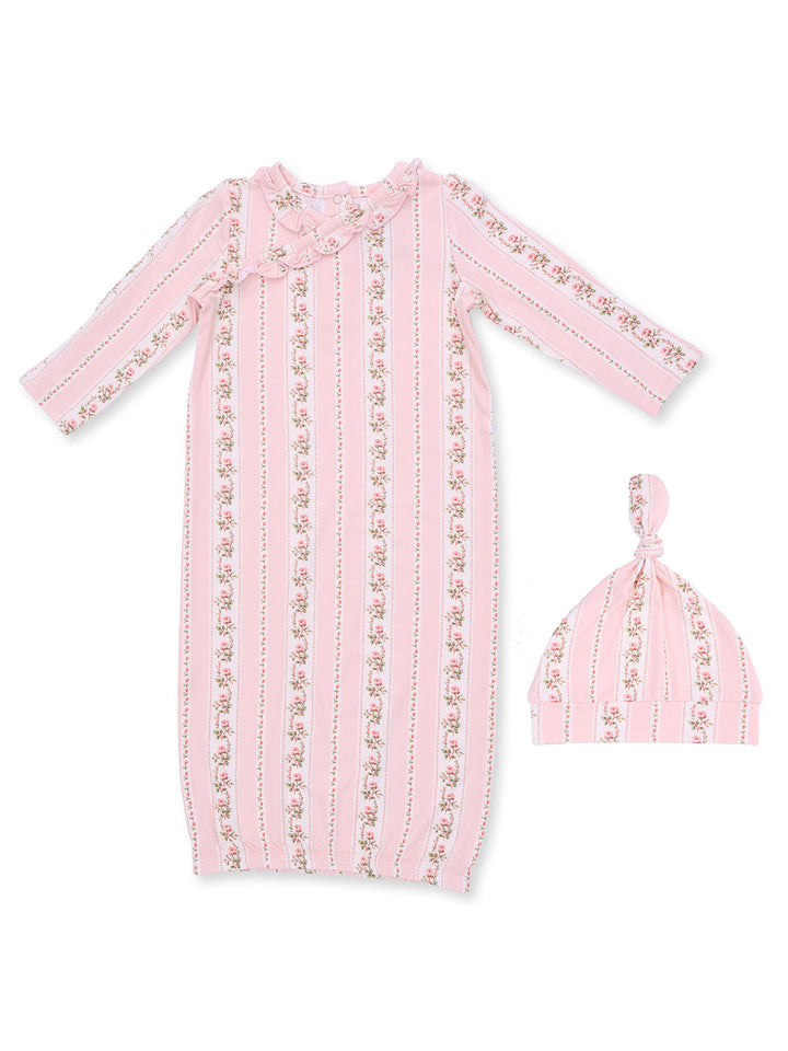 Pink baby gown and matching hat with floral and striped design. Perfect for newborns.