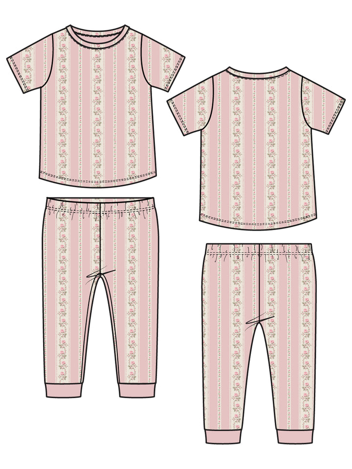 Pink floral patterned short-sleeve top and pajama pants, front and back views shown in illustration.
