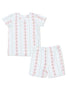 Light blue kids' pajama set with floral stripes, featuring a short-sleeve shirt and matching shorts.
