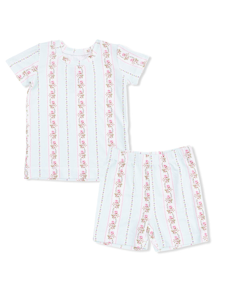 Light blue kids' pajama set with floral stripes, featuring a short-sleeve shirt and matching shorts.