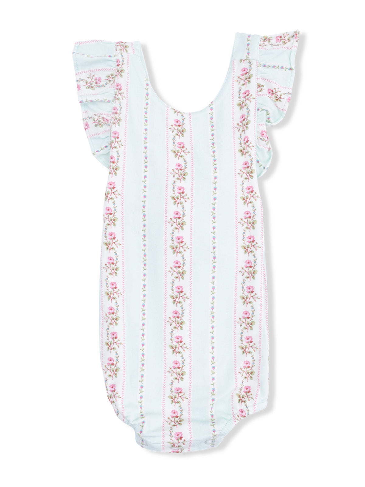 Floral-patterned baby romper in light blue with frill sleeves and pink rose accents. Perfect for summer wear.