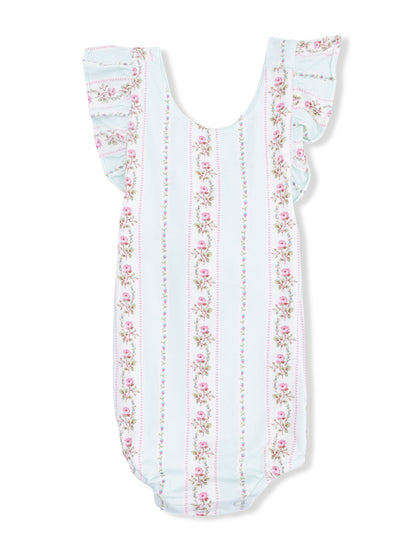 Floral-patterned baby romper in light blue with frill sleeves and pink rose accents. Perfect for summer wear.