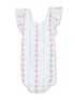 Floral-patterned baby romper in light blue with frill sleeves and pink rose accents. Perfect for summer wear.