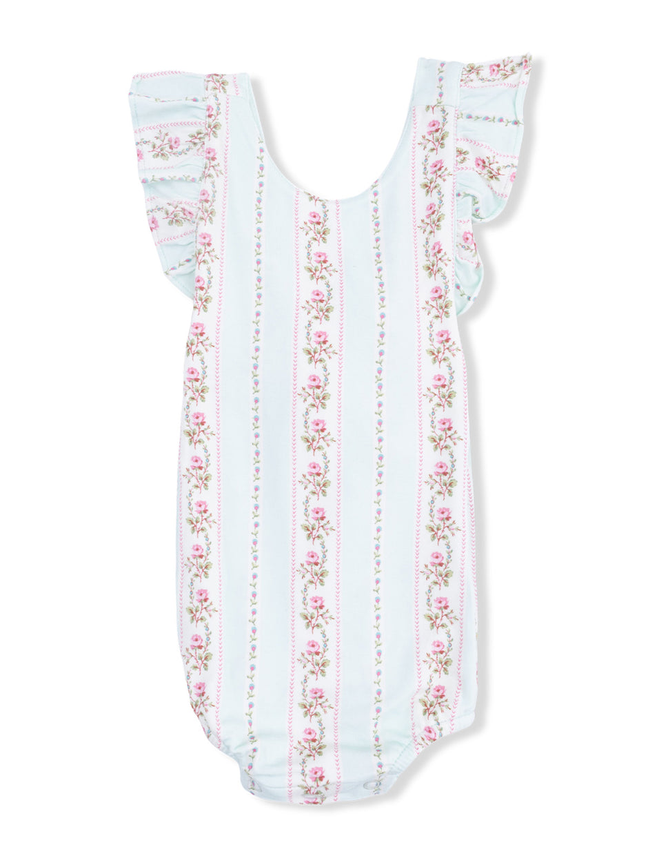 Floral-patterned baby romper in light blue with frill sleeves and pink rose accents. Perfect for summer wear.