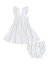 Light blue dress with floral print and matching bloomers, featuring ruffled straps and smocked bodice.