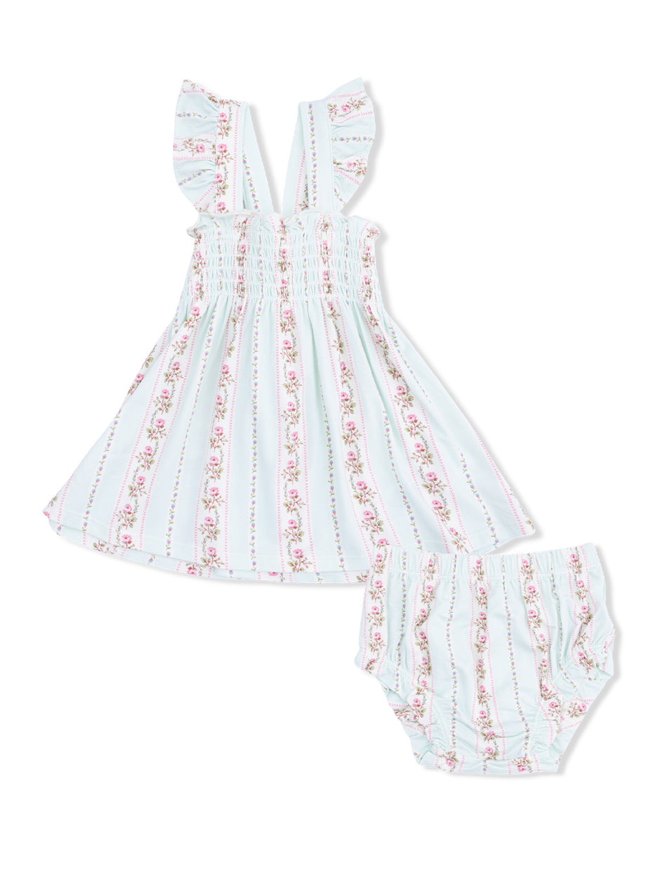 Light blue dress with floral print and matching bloomers, featuring ruffled straps and smocked bodice.