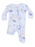 Light blue floral baby onesie with long sleeves and a zipper closure. Soft fabric for comfort and style.