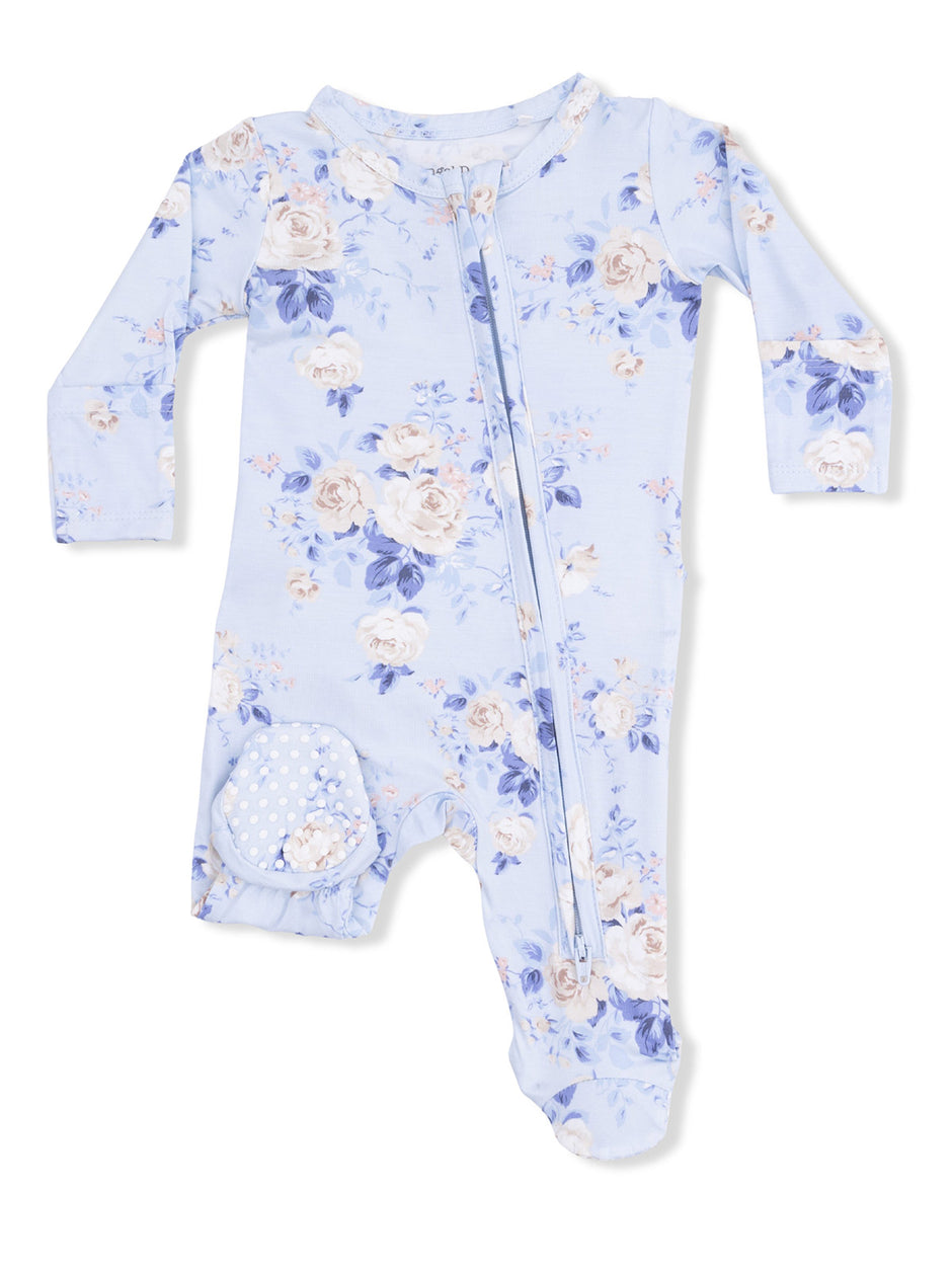 Light blue floral baby onesie with long sleeves and a zipper closure. Soft fabric for comfort and style.